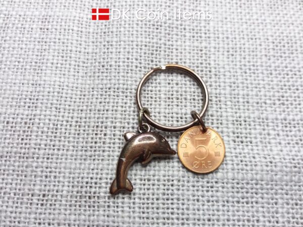 Denmark 1973 coin keychain. Vintage 51 year old M-initial 5 ore coin pendant.