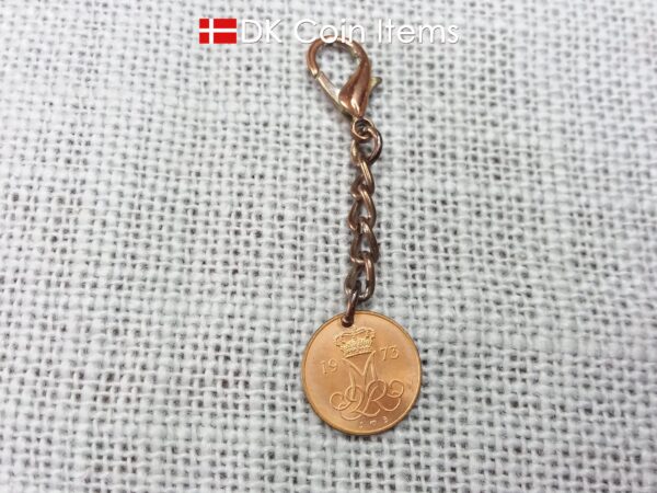 Denmark coin charm. 51 year old M initial 5 ore 1973 coin pendant.