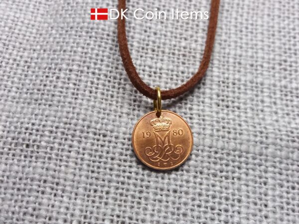 Denmark 1980 initial M coin pendant necklace with 42 year old Danish 5 ore coin.