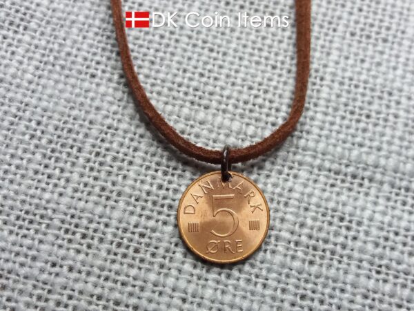 Denmark 1973 M-initial coin necklace with 51 year old 5 ore coin pendant. DKCoinItems