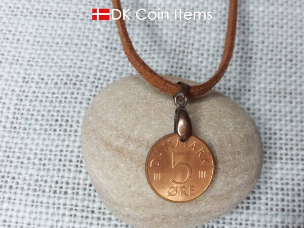 Denmark 1973 M-initial coin necklace with 51 year old 5 ore coin pendant. DKCoinItems