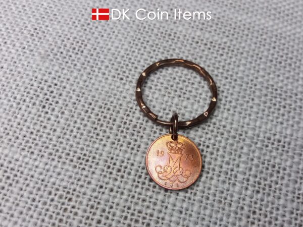 Denmark 1973 M-initial coin keychain with 51 year old 5 ore coin pendant