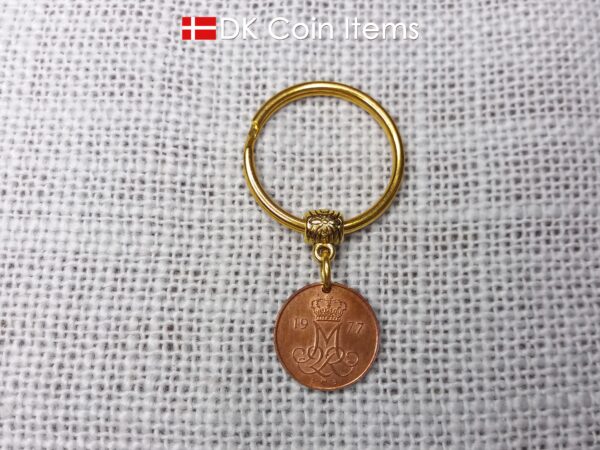 Denmark 1977 M-initial coin keychain with 47 year old 5 ore coin pendant. DKCoinItems