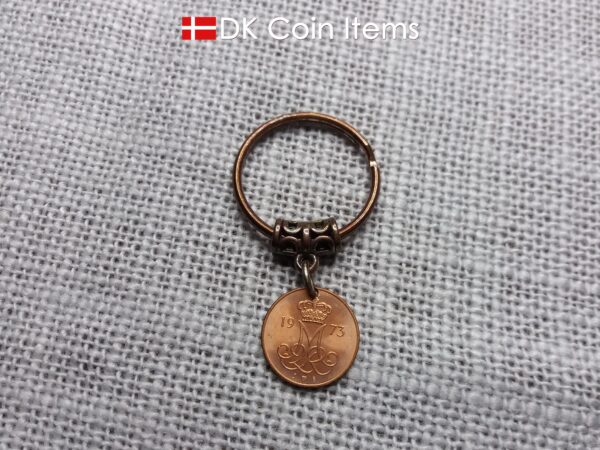 Denmark 1973 coin keychain with 51 year old M-initial 5 ore coin pendant.