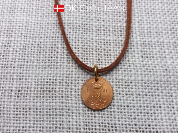 Denmark 1981 initial M coin pendant necklace with 43 year old Danish 5 ore coin.