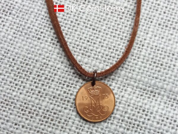 Denmark 1973 M-initial coin necklace with 51 year old 5 ore coin pendant. DKCoinItems