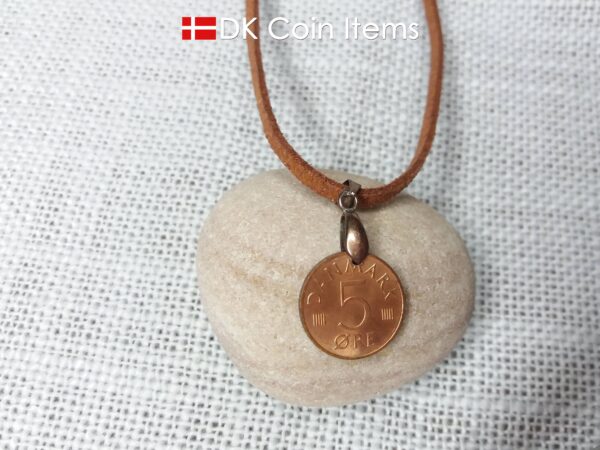 Denmark 1973 M-initial coin necklace with 51 year old 5 ore coin pendant. DKCoinItems