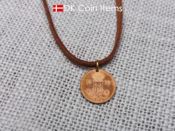 Denmark 1977 M-initial coin necklace with 47 year old 5 ore coin pendant. DKCoinItems