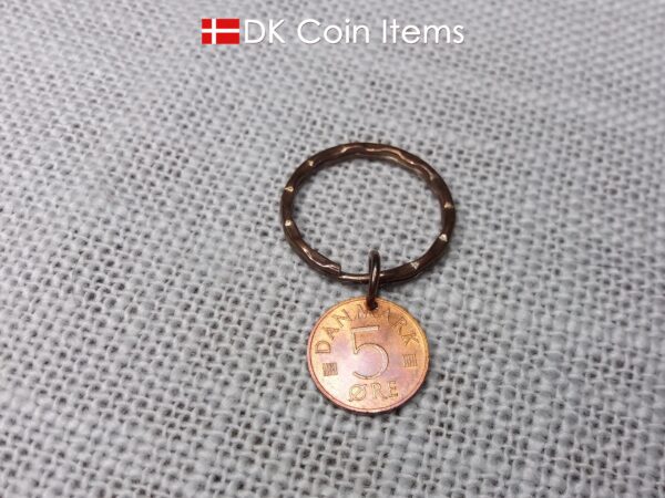 Denmark 1973 M-initial coin keychain with 51 year old 5 ore coin pendant