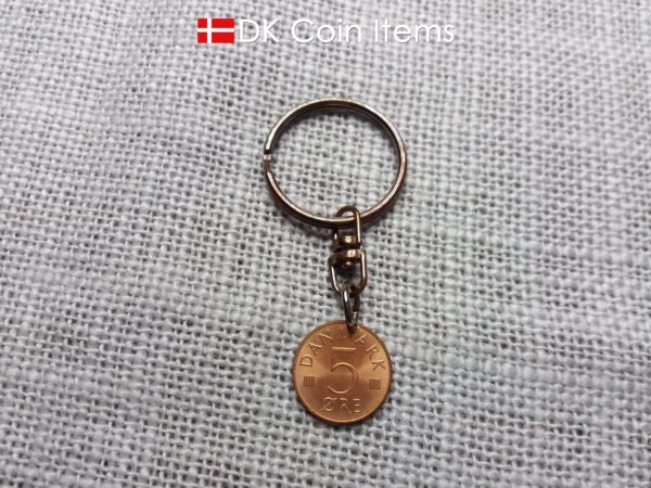 Denmark 1973 initial M coin keychain with 51 year old 5 ore coin pendant.