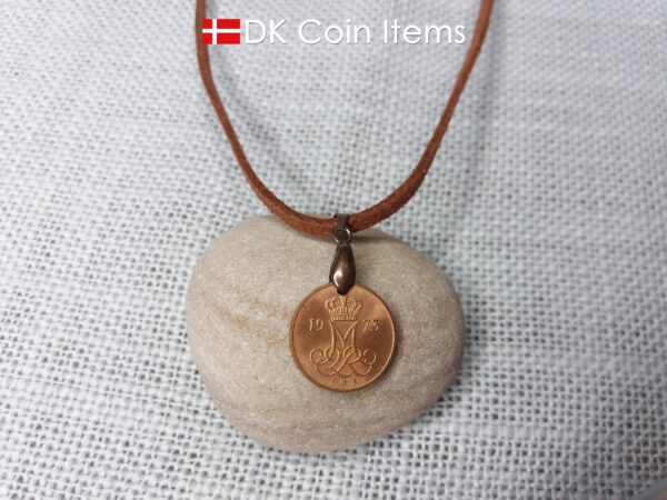 Denmark 1973 M-initial coin necklace with 51 year old 5 ore coin pendant. DKCoinItems