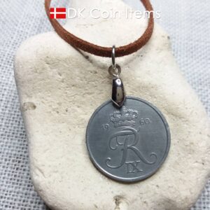 Denmark 1960 coin necklace with 64 year old R initial 5 ore as coin pendant