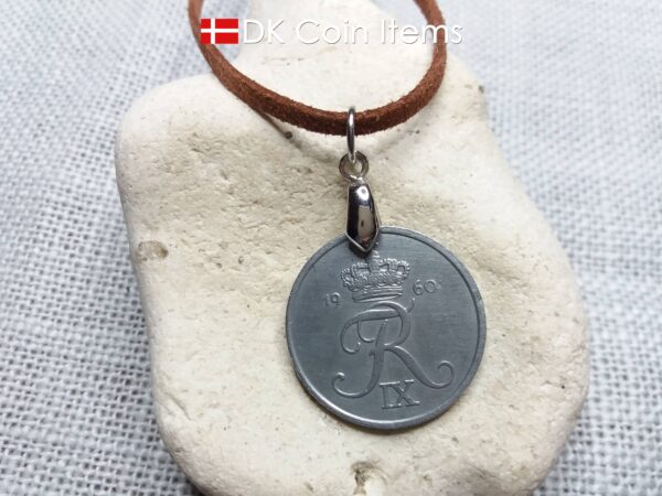 Denmark 1960 coin necklace with 64 year old R initial 5 ore as coin pendant