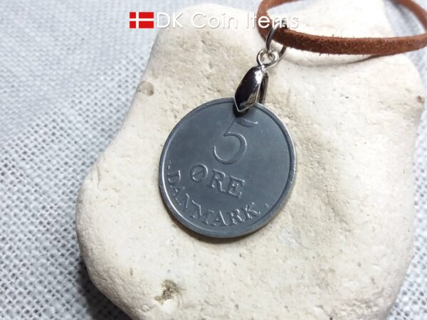 Denmark 1960 coin necklace with 64 year old R initial 5 ore as coin pendant