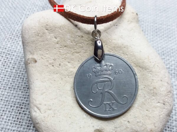 Denmark 1960 coin necklace with 64 year old R initial 5 ore as coin pendant