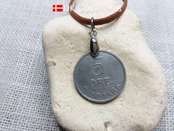 Denmark 1960 coin necklace with 64 year old R initial 5 ore as coin pendant