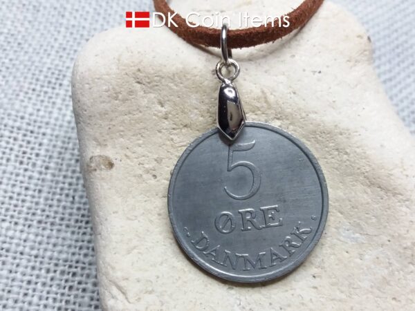 Denmark 1960 coin necklace with 64 year old R initial 5 ore as coin pendant