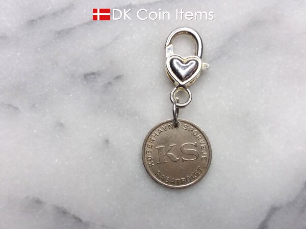 Danish Little Mermaid keychain with The Little Mermaid sculpture on a vintage Copenhagen token coin