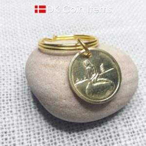 Denmark coin keychain with The Little Mermaid on a vintage fare token coin from Copenhagen