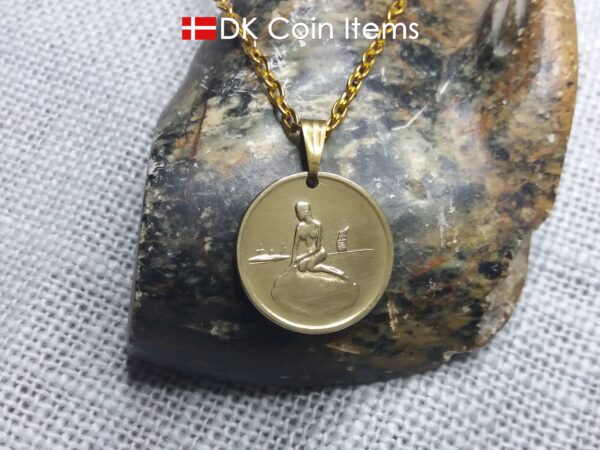 Little Mermaid necklace with The Danish Little Mermaid sculpture on a Copenhagen vintage token coin