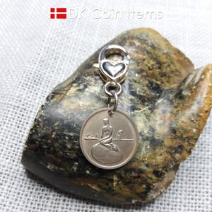 Danish Little Mermaid keychain with The Little Mermaid sculpture on a vintage Copenhagen token coin