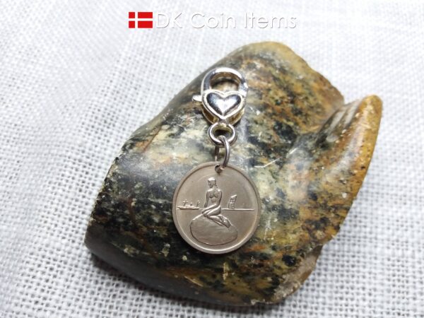 Danish Little Mermaid keychain with The Little Mermaid sculpture on a vintage Copenhagen token coin