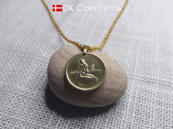 Little Mermaid necklace with The Danish Little Mermaid sculpture on a Copenhagen vintage token coin