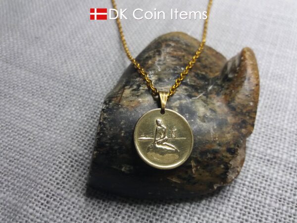 Little Mermaid necklace with The Danish Little Mermaid sculpture on a Copenhagen vintage token coin