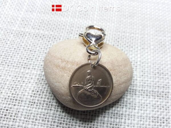 Danish Little Mermaid keychain with The Little Mermaid sculpture on a vintage Copenhagen token coin