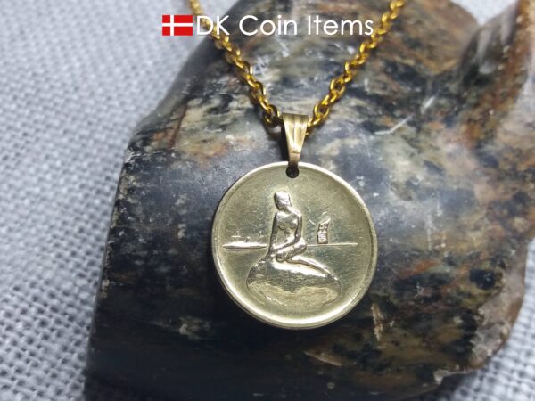 Little Mermaid necklace with The Danish Little Mermaid sculpture on a Copenhagen vintage token coin