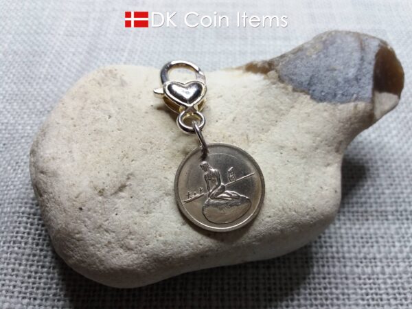 Danish Little Mermaid keychain with The Little Mermaid sculpture on a vintage Copenhagen token coin