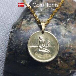 Little Mermaid necklace with The Danish Little Mermaid sculpture on a Copenhagen vintage token coin