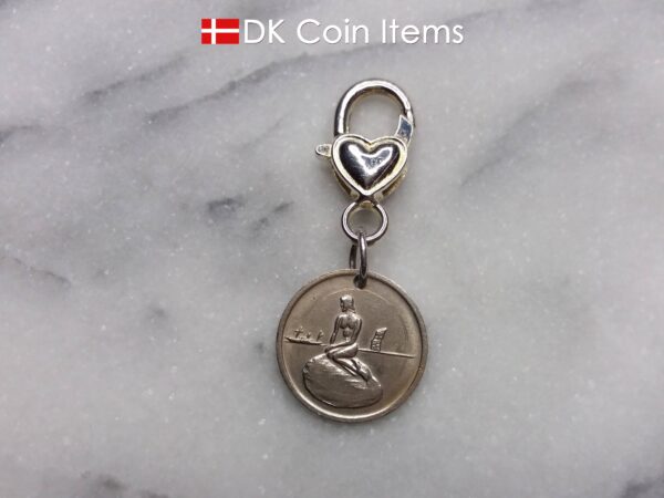 Danish Little Mermaid keychain with The Little Mermaid sculpture on a vintage Copenhagen token coin