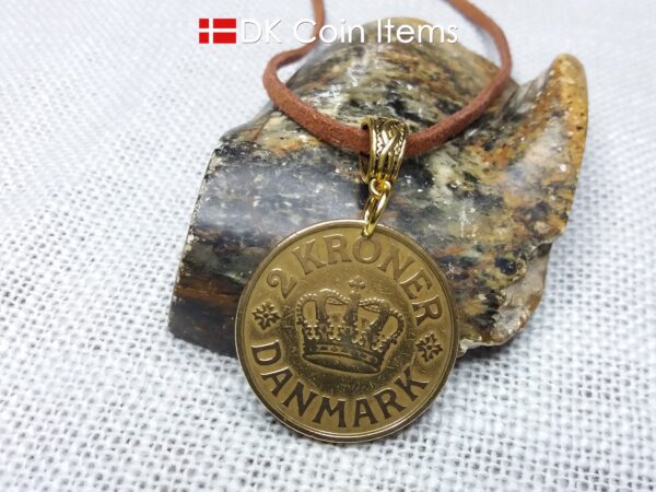 Denmark 1925 coin necklace. 99 year old golden Crown C initial 2 kroner coin pendant. Antique Danish souvenir gift