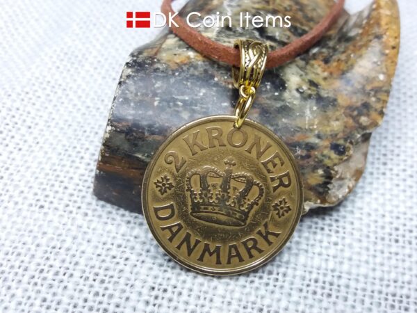 Denmark 1925 coin necklace. 99 year old golden Crown C initial 2 kroner coin pendant. Antique Danish souvenir gift