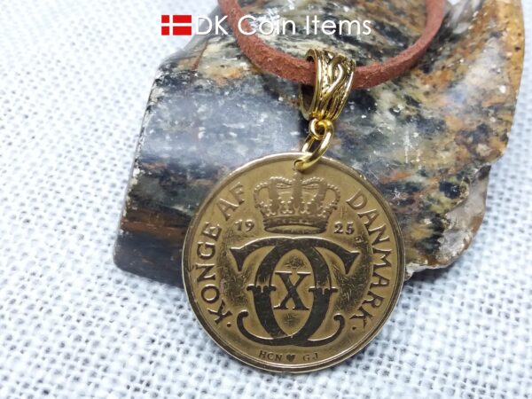 Denmark 1925 coin necklace. 99 year old golden Crown C initial 2 kroner coin pendant. Antique Danish souvenir gift