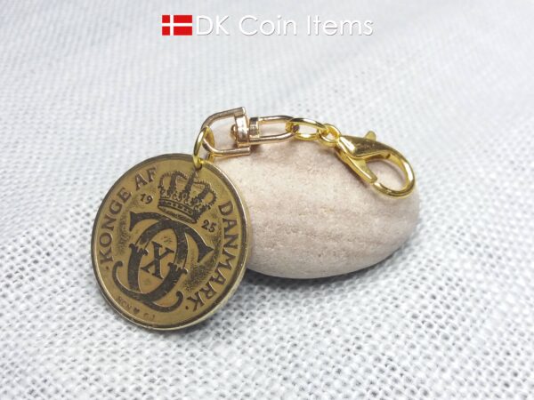 Denmark 99 year old Crown C initial coin pendant. Golden coin charm with 1925 2 kroner