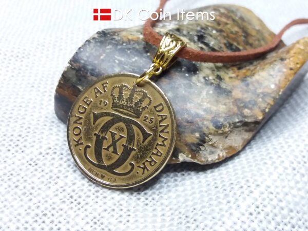 Denmark 1925 coin necklace. 99 year old golden Crown C initial 2 kroner coin pendant. Antique Danish souvenir gift