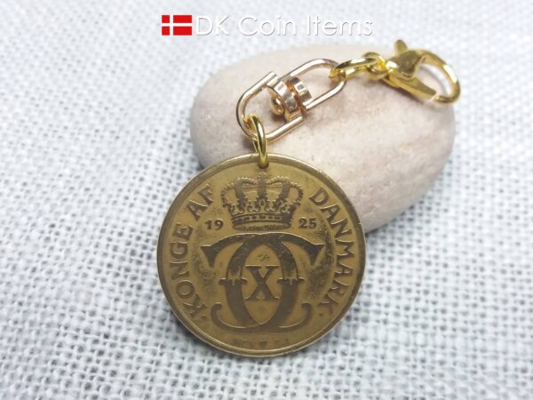 Denmark 99 year old Crown C initial coin pendant. Golden coin charm with 1925 2 kroner