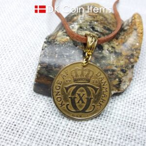 Denmark 1925 coin necklace. 99 year old golden Crown C initial 2 kroner coin pendant. Antique Danish souvenir gift