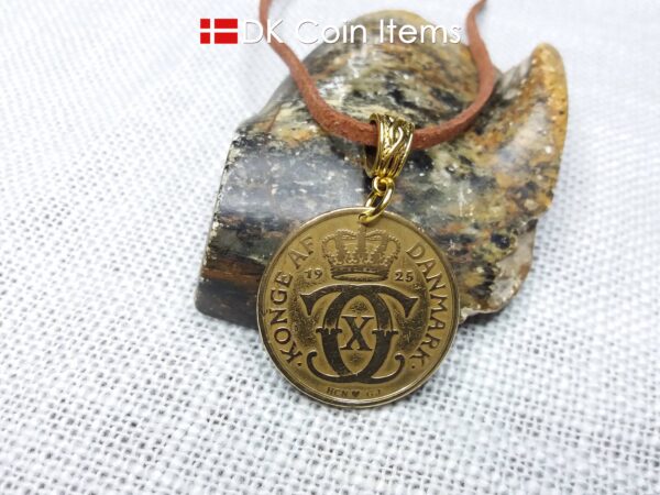 Denmark 1925 coin necklace. 99 year old golden Crown C initial 2 kroner coin pendant. Antique Danish souvenir gift