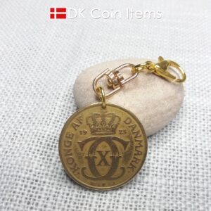 Denmark 99 year old Crown C initial coin pendant. Golden coin charm with 1925 2 kroner