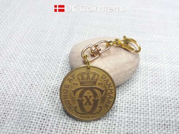 Denmark 99 year old Crown C initial coin pendant. Golden coin charm with 1925 2 kroner