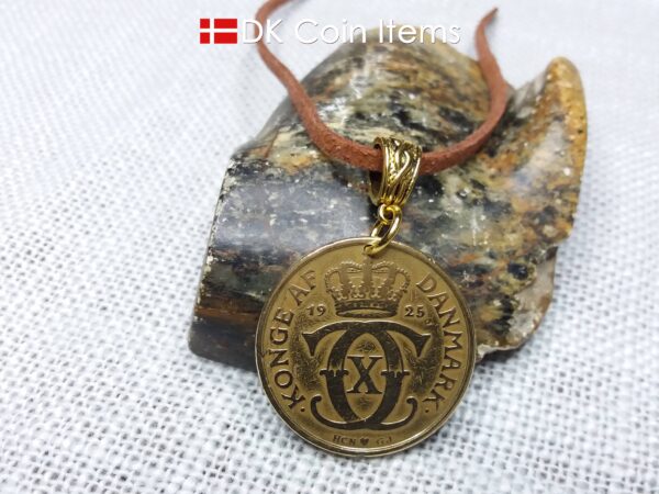 Denmark 1925 coin necklace. 99 year old golden Crown C initial 2 kroner coin pendant. Antique Danish souvenir gift