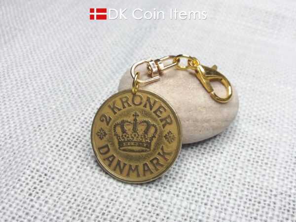 Denmark 99 year old Crown C initial coin pendant. Golden coin charm with 1925 2 kroner