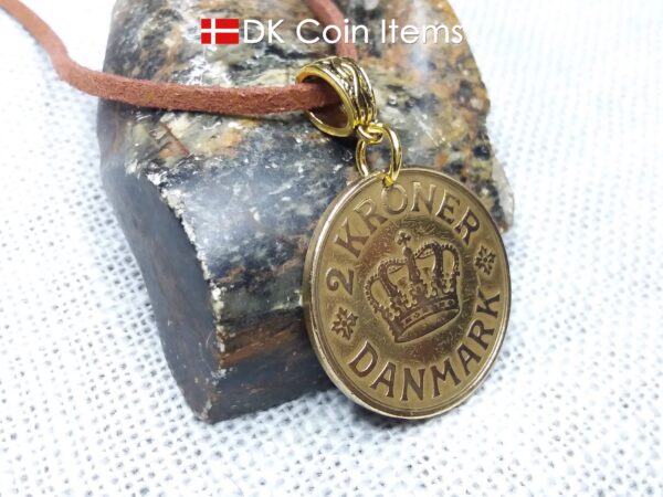 Denmark 1925 coin necklace. 99 year old golden Crown C initial 2 kroner coin pendant. Antique Danish souvenir gift