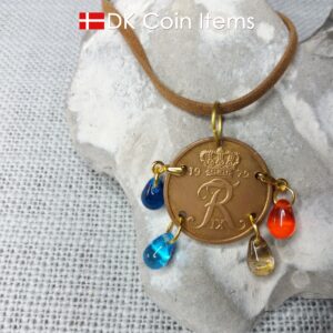 Denmark 1972 coin necklace with 52 year old R initial 5 ore as coin pendant