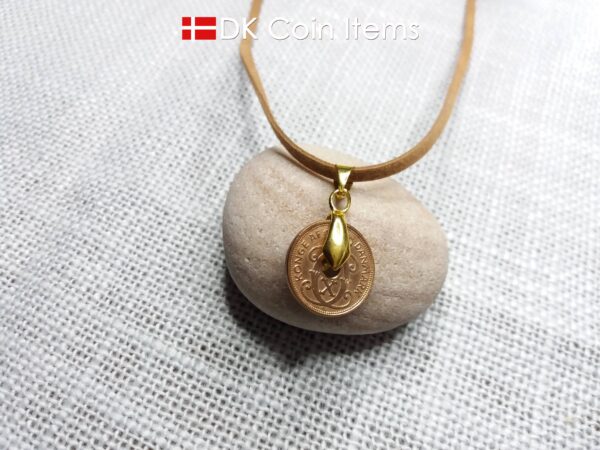 Denmark 1938 coin necklace. 86 year old coin pendant. Copper 1 ore with Crown C initial