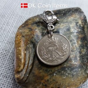 Denmark 1958 coin pendant charm. 66 year old 25 ore coin with Crown R initial