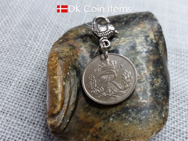 Denmark 1958 coin pendant charm. 66 year old 25 ore coin with Crown R initial